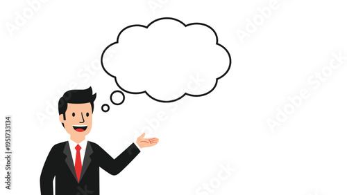 Smiling businessman in a suit gesturing towards an empty thought bubble, providing space for custom text or creative business ideas.
