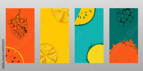 Colorful fruit illustrations arranged in vertical rectangular panels