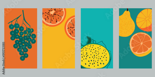Stylized vertical panels displaying various fruits in vibrant colors