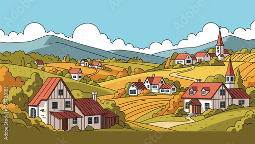 picturesque rural landscape showing a peaceful village with houses a church hills and cultivated fields during the warm colors of autumn.