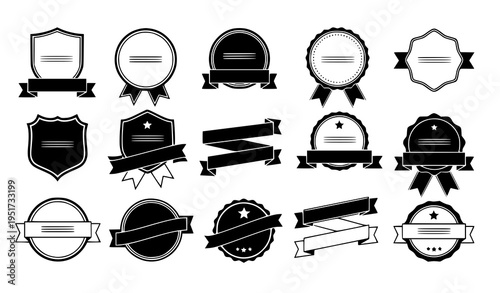 A collection of black and white vector label icons with ribbons and shields