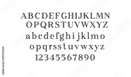 A vector graphic illustration of the alphabet and numbers in a classic serif font