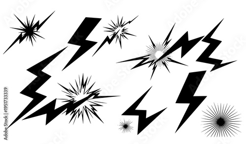 A set of black and white lightning bolt and explosion vector graphics