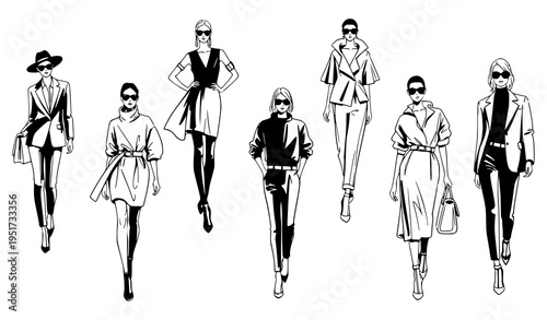 A black and white vector illustration of seven fashion models walking in stylish outfits