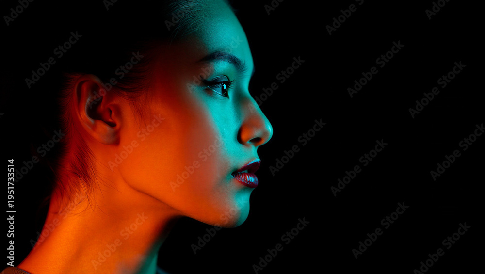 Fototapeta premium Woman profile face with colorful lighting
