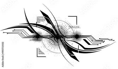 A futuristic black and white vector graphic design with abstract shapes and lines