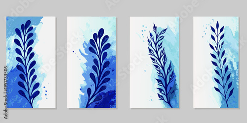 Four vertical panels featuring stylized blue botanical watercolor designs