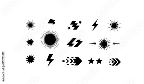 A set of black and white vector graphic icons featuring various starburst and lightning bolt designs