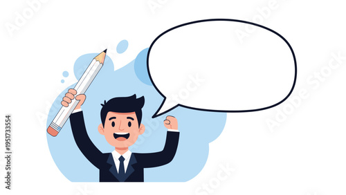 Enthusiastic businessman holding a large pencil and standing next to a big empty speech bubble ready for creative ideas and text.
