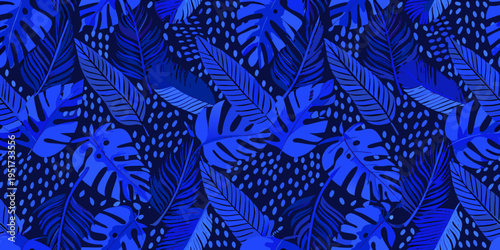 A vibrant seamless pattern of various tropical blue leaves and foliage
