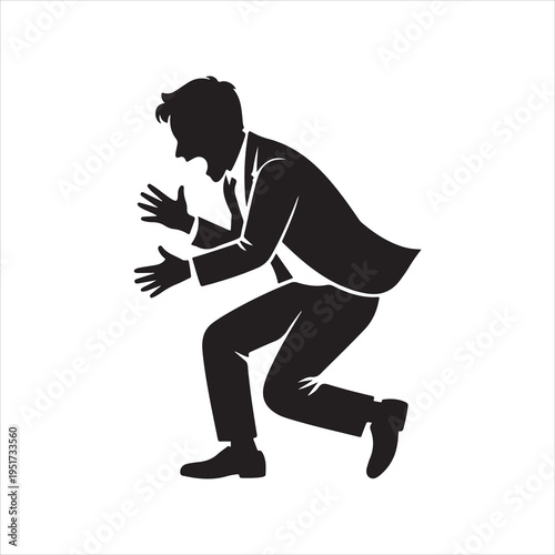 A silhouette illustration of a man in a business suit expressing intense shock or sudden panic