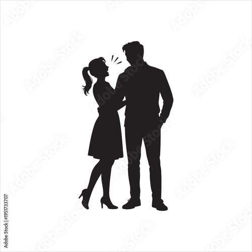A black silhouette illustration showing a happy young couple standing together in a loving embrace
