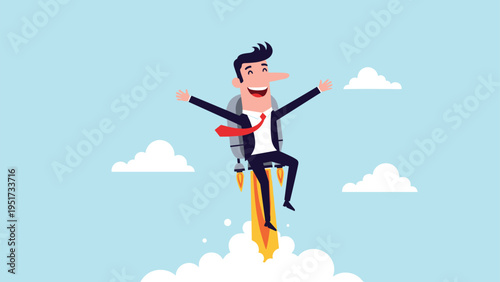 Joyful businessman flying through the sky with white clouds using a jetpack on his back, symbolizing rapid professional growth.