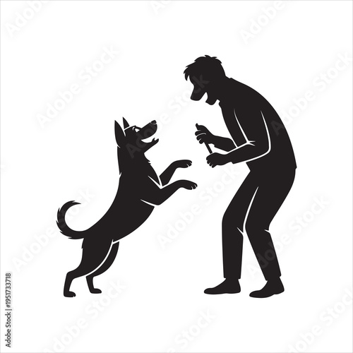 A silhouette illustration of a man training his dog by holding a treat in a clean white background