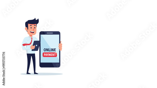 Professional businessman presenting a large mobile phone screen featuring an online payment button for digital financial transactions.