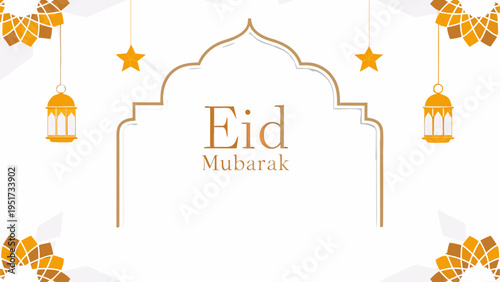 A festive eid mubarak greeting card featuring a traditional archway with hanging golden lanterns Vector