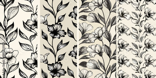 Detailed floral pattern featuring sketched blooms and slender curving stems