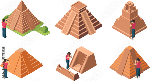 Isometric ancient pyramids set with archaeological monuments and tourists exploring historic sites, Egyptian architecture collection for travel and history illustration