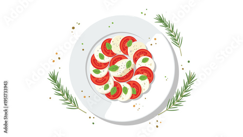 top view of a caprese salad on a white plate featuring slices of tomato mozzarella cheese and fresh basil leaves with rosemary sprigs.