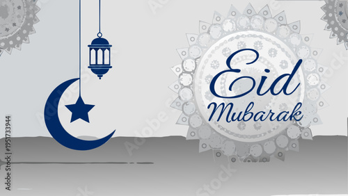 Elegant eid mubarak greeting card design with a crescent moon and hanging decorative lantern art Vector