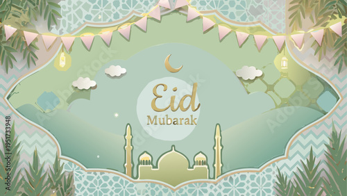 Elegant eid mubarak greeting card design featuring a mosque silhouette with soft pastel colors Vector