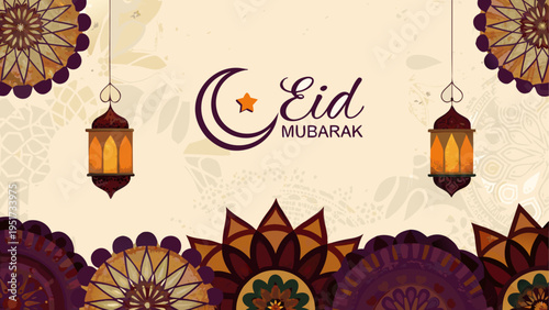 Elegant eid mubarak greeting card design with hanging lanterns and decorative mandala ornaments Vector