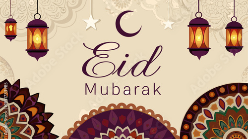 Decorative greeting card design for the festive occasion of eid mubarak with hanging lanterns Vector