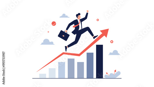 Determined businessman running up a rising bar chart arrow, representing career progression, financial success, and ambition.