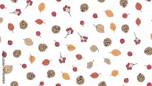 seamless pattern of autumn nature elements including pinecones colorful fall leaves and red berries on a clean white background for design.