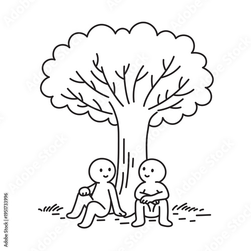 Aesop’s fable The Plane Tree vector illustration. Fairy tale line art doodle, perfect for children’s stories and educational use. Cute and simple fairy tale illustration.