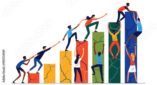 Diverse Collaborative Workforce Driving Scalable Business Growth and Overcoming Market Challenges in a Flat Vector Style