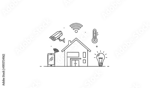 A smart home system with various connected devices and icons