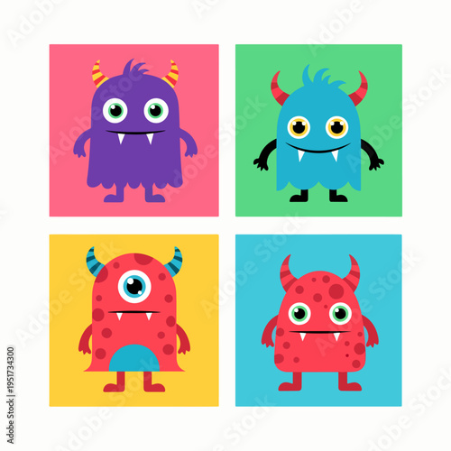 Adorable fluffy monster set with bright backgrounds ideal for nursery wall art and sticker collections