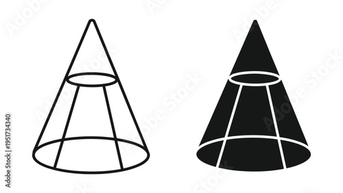 Set of two cone shapes, outline and solid black, geometric 3D shape icon