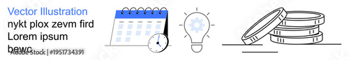 Time management, innovation, financial planning, productivity, scheduling, business concepts. Calendar with clock, lightbulb stacked coins. Time management and innovation concept