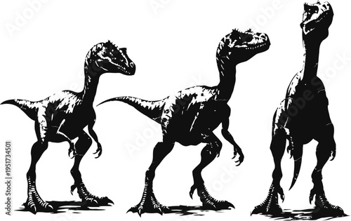 silhouettes of three velociraptor dinosaurs in different standing poses against white background