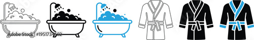 Modern minimalist bathroom icons set featuring luxury bathtub with bubbles and comfortable spa bathrobe