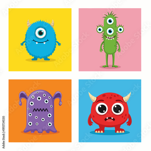 Bright and cheerful monster characters with funny faces perfect for nursery wall art and children posters