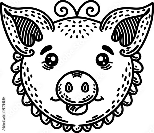 Cute pig face illustration with big ears and tongue out, animal character design