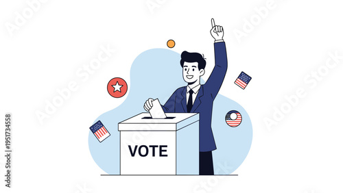 Man in a suit putting a ballot into a voting box with American flag circular symbols in the background during a national election.
