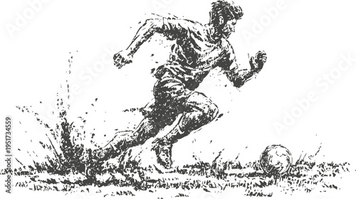 Dynamic soccer player sprinting after ball on wet grassy field in action pose