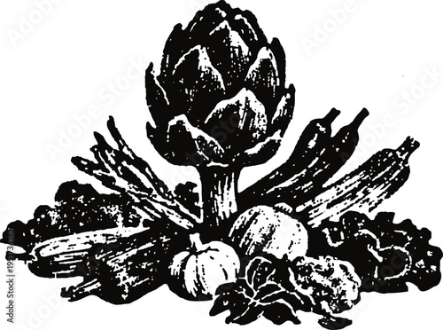 Black and white vintage artichoke with assorted vegetables illustration
