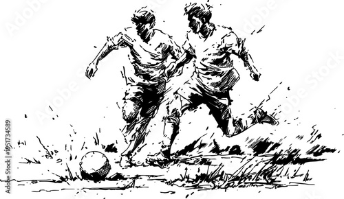 two soccer players competing for ball on grass field intense football match action sketch