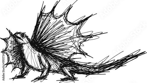 Hand drawn dinosaur sketch with spiked back and long tail, prehistoric reptile illustration detailed outline