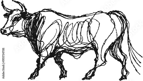 abstract black ink sketch of a standing bull with dynamic fluid lines and expressive strokes