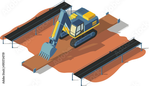 Isometric excavator construction machine illustration, heavy equipment digging soil with conveyor belts, mining industry machinery industrial earthmoving concept