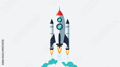 Large rocket ship blasting off into the sky with fire and smoke, symbolizing a startup launch, product success, or exploration.