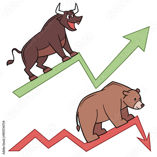 Bull and bear on market trend lines with arrows finance
