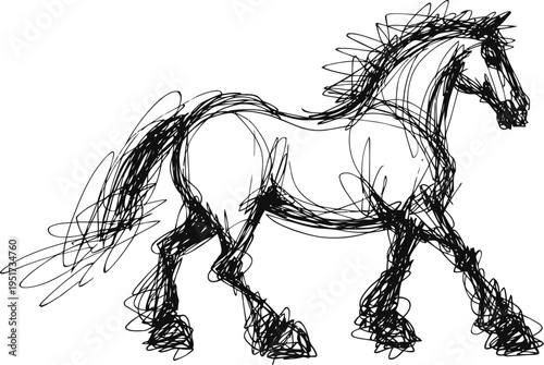 dynamic black ink sketch of a powerful horse trotting with flowing mane and tail