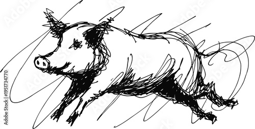 abstract pig illustration with dynamic scribble lines in black ink drawing on white background
